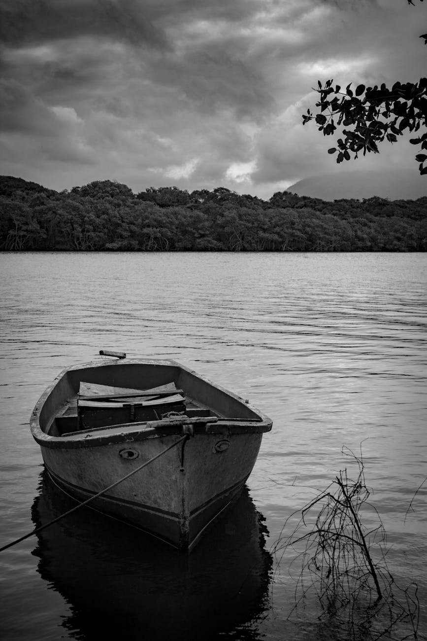 lonely rowboat on serene lake in black and white