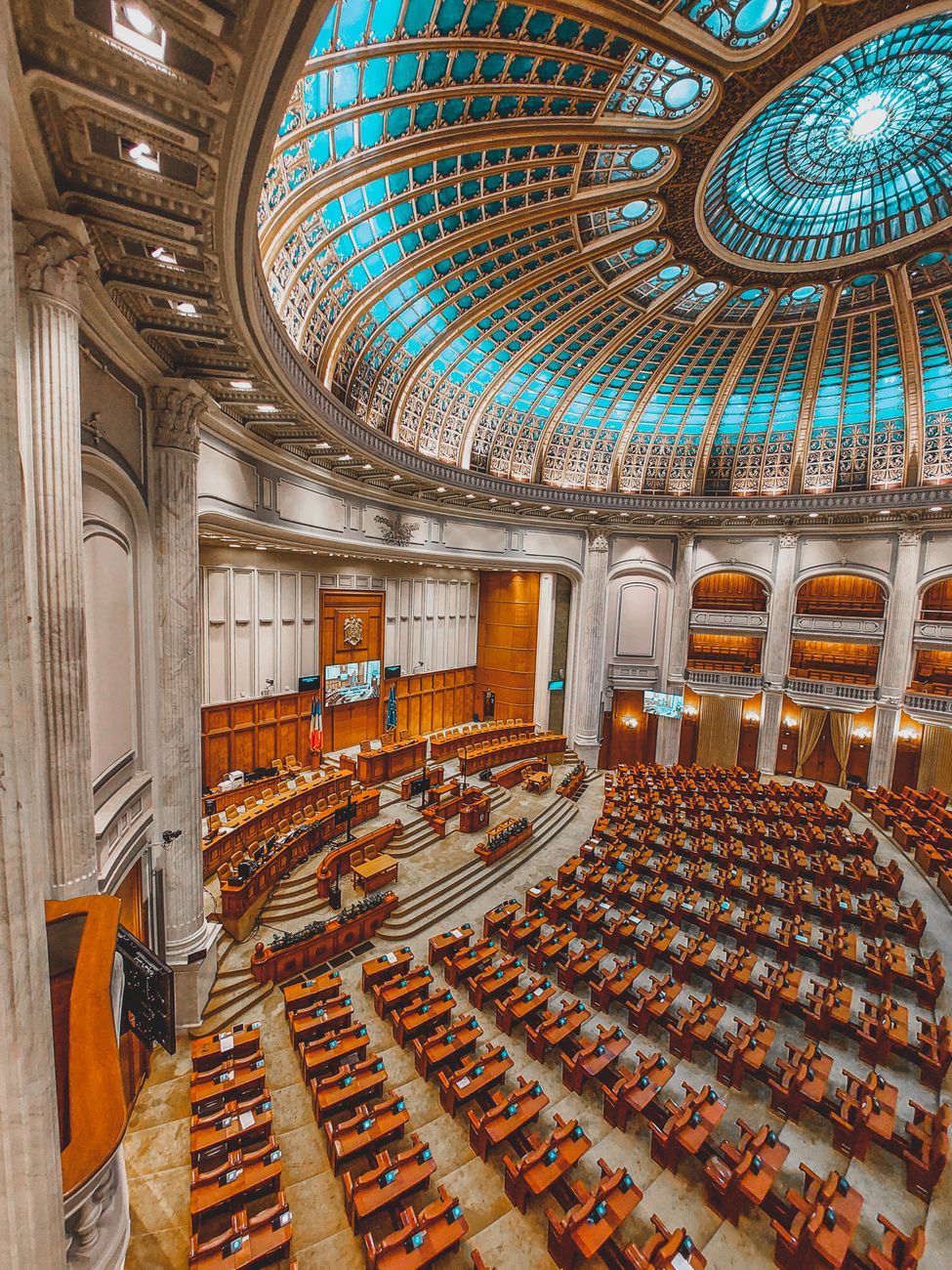the inside of a large building with a dome